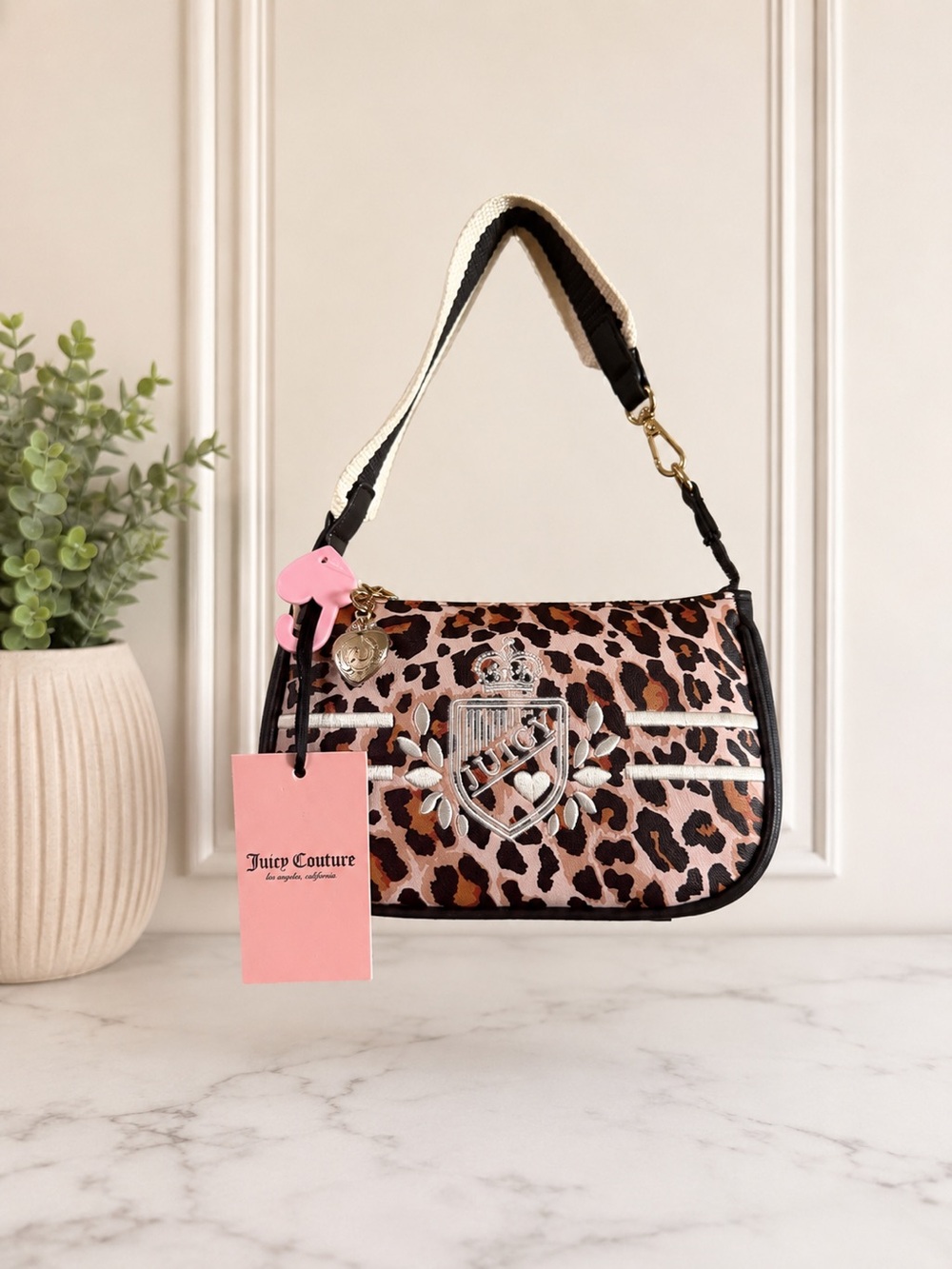 Juicy Couture Pink Leopard-Print Shoulder Bag with Crest Accent